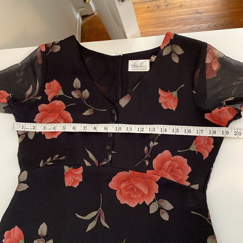 Vintage 90's Kathie Lee Black Rose Print Midi Dress Size 8 - Picture 11 of 12